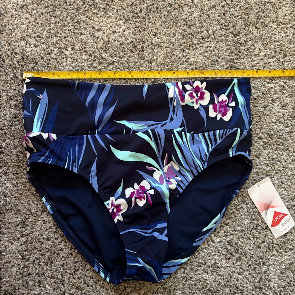 Lands' End Navy Floral High-Waist Bikini Bottoms with Teal & Pink Accents
